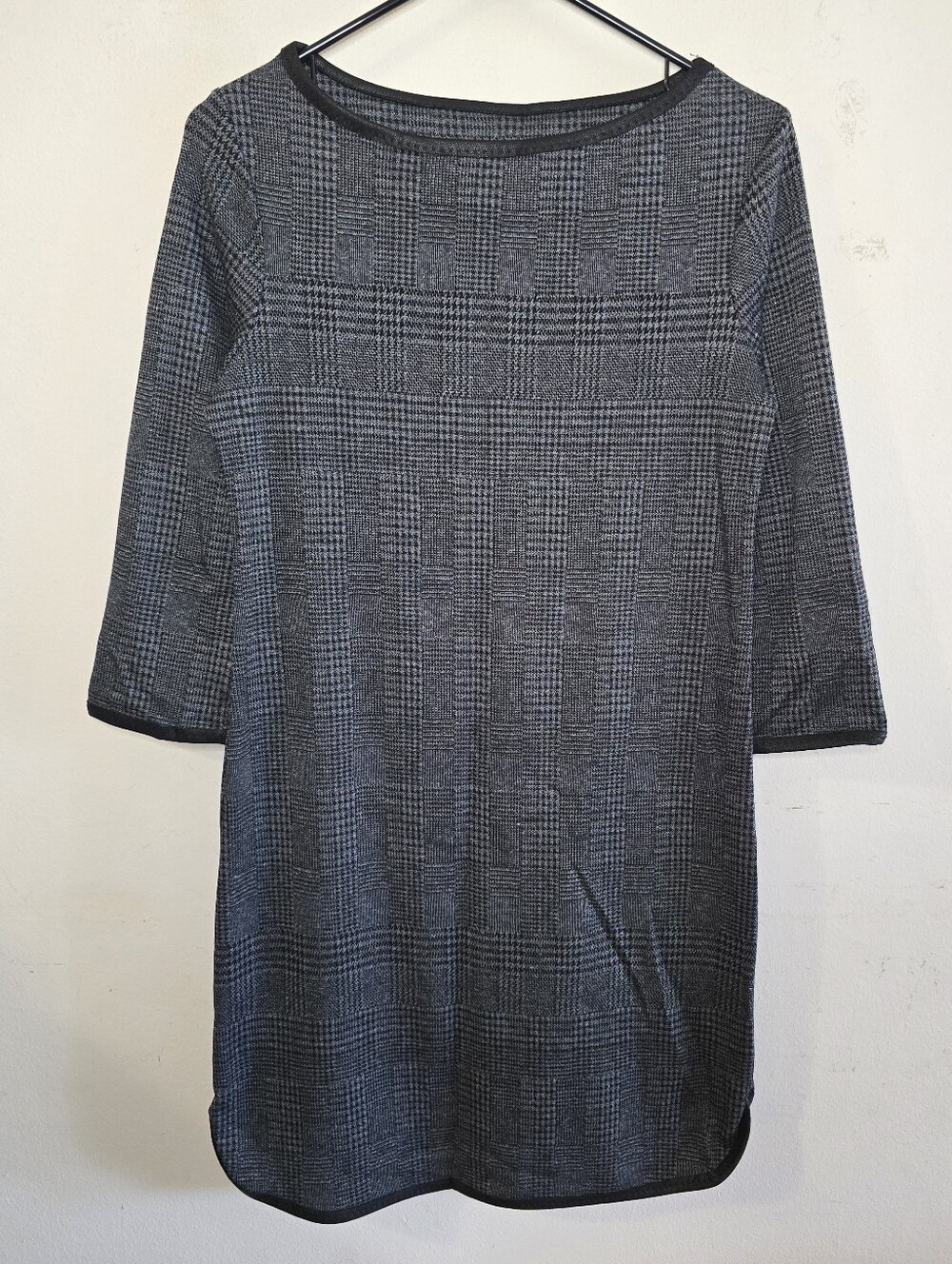Max Studio Plaid Shift Dress Women Small Black Gray Glen Check 3/4 Sleeve Office